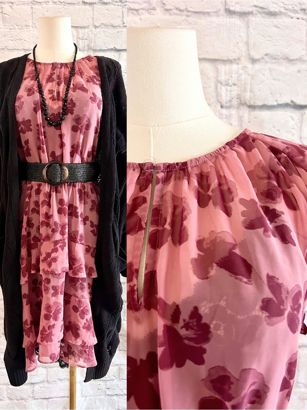 Fall Romantic Rose Tiered Midi Dress Vera Wang Pink Floral French Bohemian